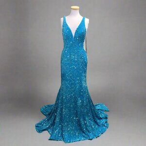 Alyce Paris ocean blue plush sequin dress, size 12, NEW WITH TAGS!